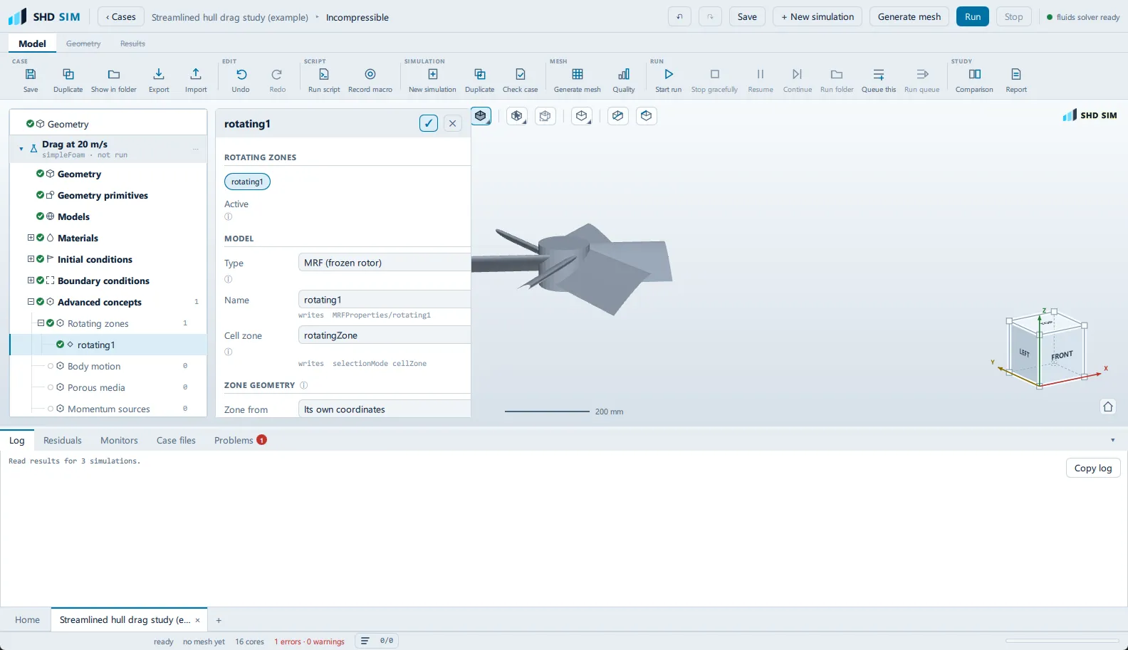Everything that defines a rotating zone is in this one editor, reached from the plus beside the Rotating zones category rather than from any setup step. The Advanced concepts item editor for a rotating zone, with Type set to MRF (frozen rotor), Shape set to cylinder, the Radius, Length and axis fields below it, and a Rotation section giving the speed in rpm and the axis as three components.