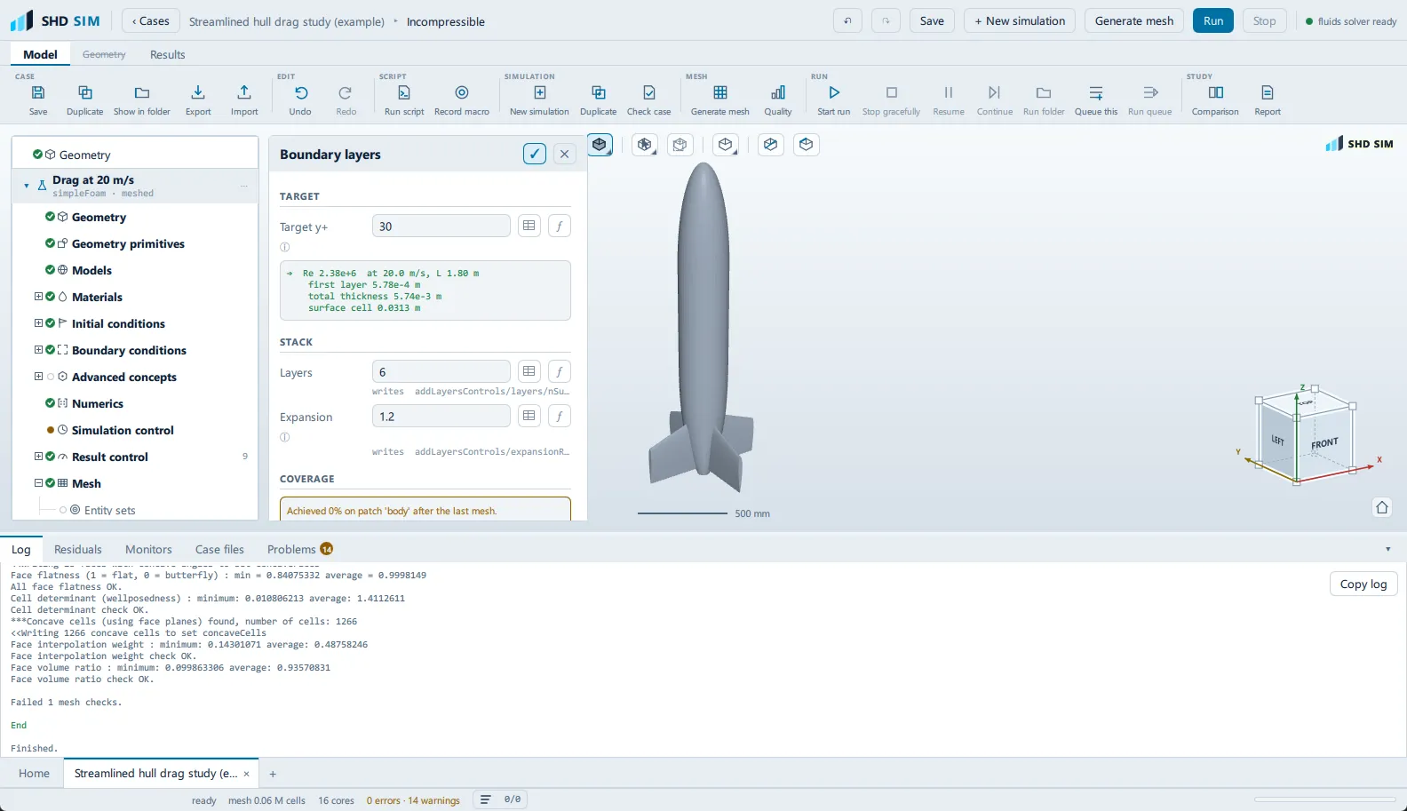The recommendation button is named for what it will do, and only appears once a mesh exists and coverage is short. The Boundary layers pane’s Coverage box reporting the percentage of layers achieved on patch ‘body’ after the last mesh, with the recommendation button directly beneath it.