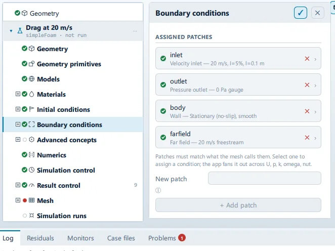Boundary conditions The Boundary conditions panel open beside the setup tree, showing the Assigned patches section.