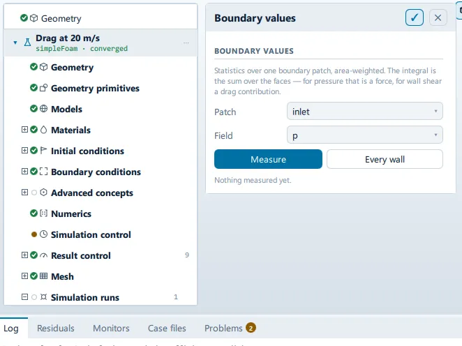 Post-processing > Boundary values The Boundary values panel open beside the setup tree, showing the Boundary values section.