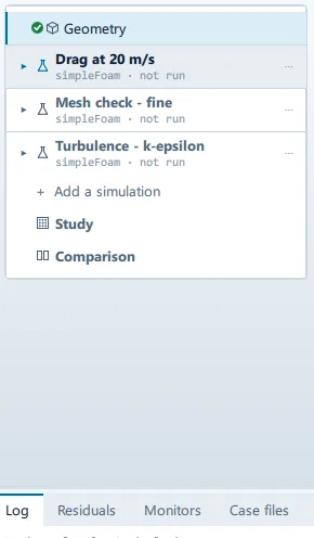 The Geometry row that has Import is the one above the simulations, not the one inside them. The setup tree with a Geometry row at the top level above the simulation name, and a second Geometry row indented beneath the simulation with the study’s other setup steps under it.