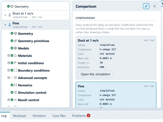 Comparison The Comparison panel open beside the setup tree, showing the Comparison, Incidence sweep, Component loads, Derived quantities and Comparison report sections.