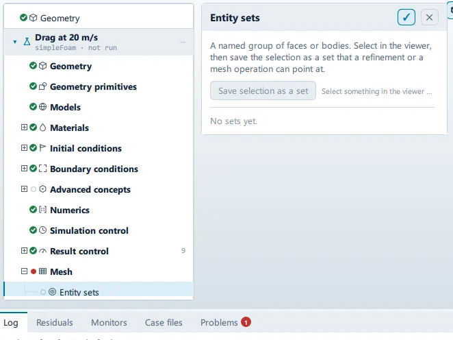The Entity sets panel open beside the setup tree, and its controls.