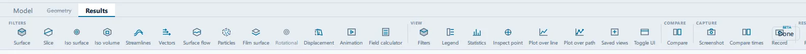 The three capture commands moved out of the Post-processing pane and into the Results tab's CAPTURE group. The Results ribbon tab open, with the CAPTURE group showing Screenshot, Compare times and Record with its BETA badge, and the RESULT group showing Report, Export and Reset.