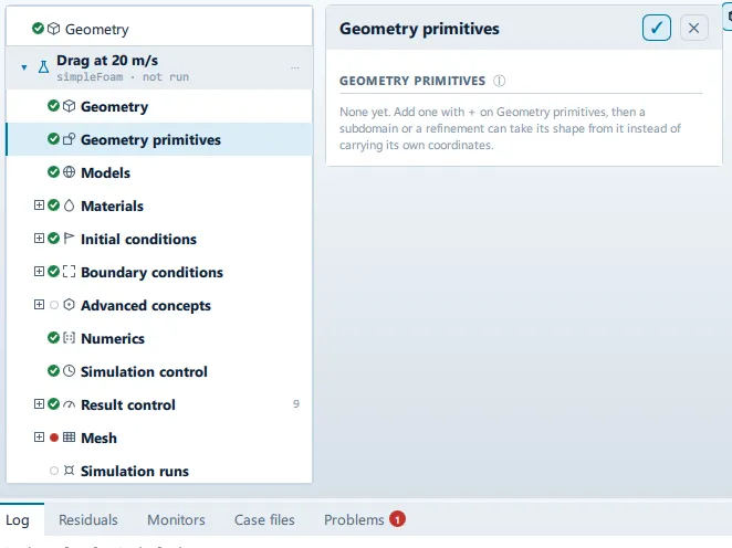 Geometry primitives The Geometry primitives panel open beside the setup tree, and its controls.