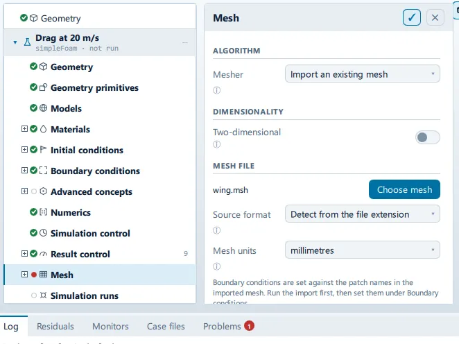 Mesh file sits on the Mesh step, under Algorithm and Dimensionality — not on Geometry. The Mesh pane’s Mesh file section with the chosen file, the Source format combo reading Detect from the file extension and the Mesh units combo reading millimetres, beside the setup tree.