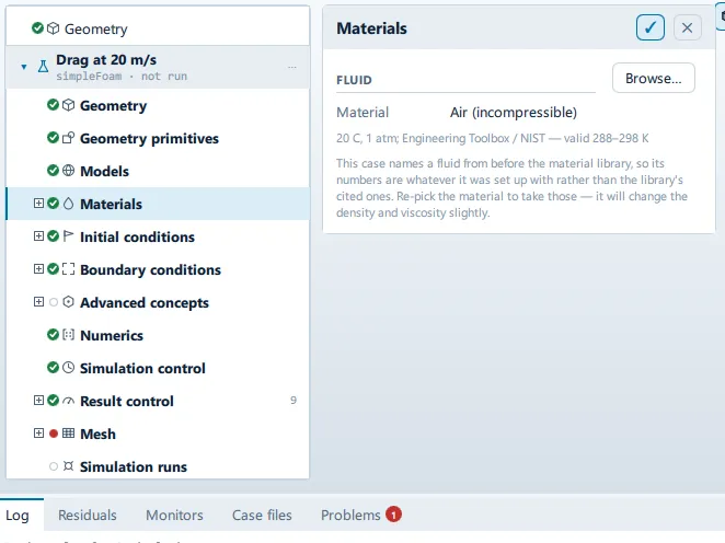 Materials The Materials panel open beside the setup tree, showing the Fluid and Regions sections.