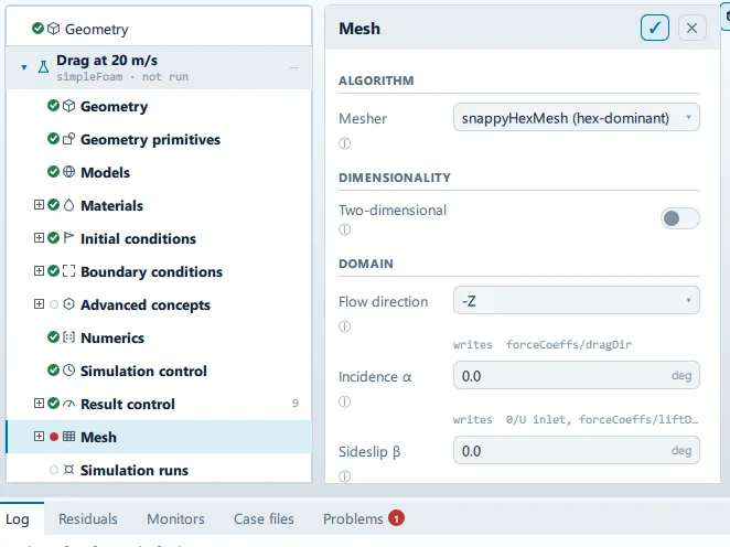 The Mesh panel open beside the setup tree, showing the Algorithm, Dimensionality, Mesh file, Domain, Fluid region, Base mesh and Generate sections.