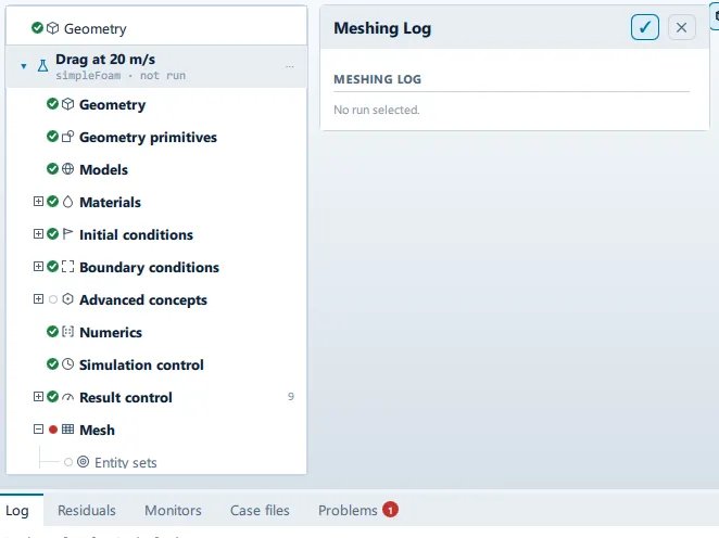 Mesh > Meshing Log The Meshing Log panel open beside the setup tree, and its controls.