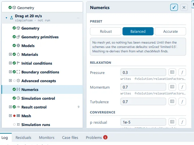 The Numerics panel open beside the setup tree, showing the Preset, Relaxation, Convergence, Schemes, Momentum solver and Pressure solver sections.