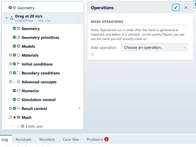 Mesh > Operations The Operations panel open beside the setup tree, showing the Mesh operations section.
