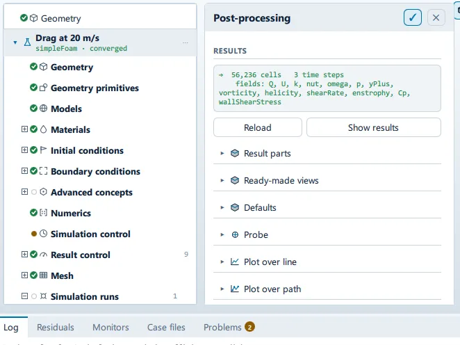 Post-processing The Post-processing panel open beside the setup tree, showing the Results section.