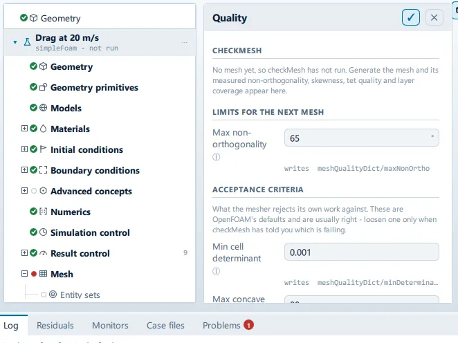 Mesh > Quality The Quality panel open beside the setup tree, showing the checkMesh, Limits for the next mesh, Acceptance criteria and Recommendations sections.