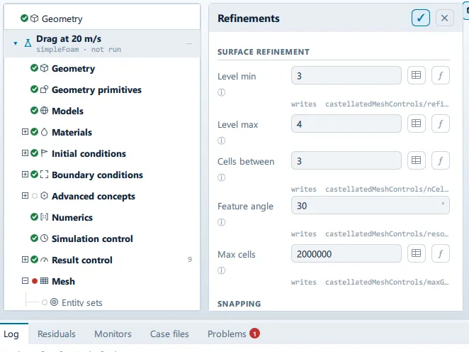 Mesh > Refinements The Refinements panel open beside the setup tree, showing the Surface refinement, Free surface, Snapping and Refinement regions sections.