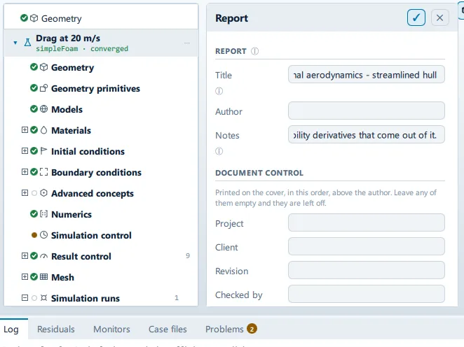 Report The Report panel open beside the setup tree, showing the Report, Document control, Sections and Snapshots sections.
