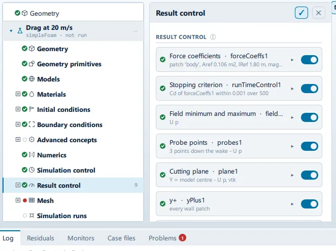Result control The Result control panel open beside the setup tree, showing the Result control and Add sections.