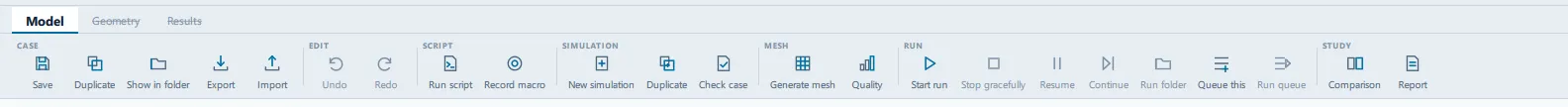 Generate mesh is under MESH; Start run and Stop gracefully are under RUN. Commands grey out when they do not apply — here the run controls, because nothing is running yet. The Model ribbon tab, with the Geometry and Results tabs beside it, and command groups labelled CASE, EDIT, SCRIPT, SIMULATION, MESH, RUN and STUDY.