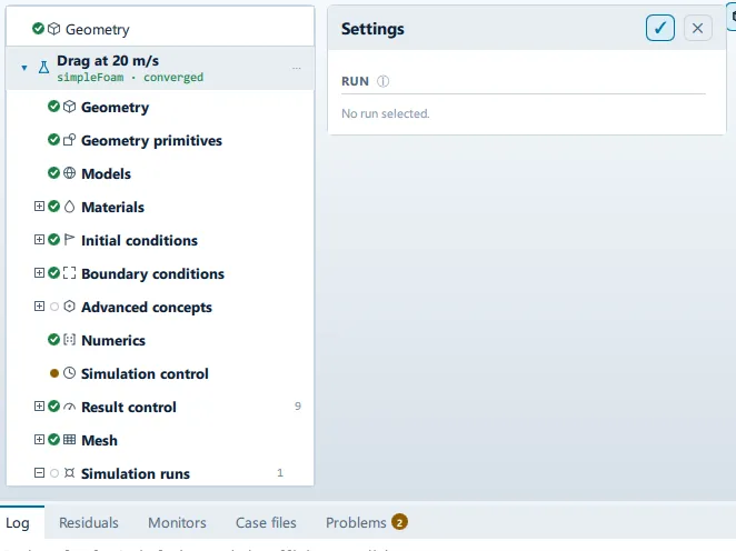 The Settings panel open beside the setup tree, showing the Run and Overrides sections.