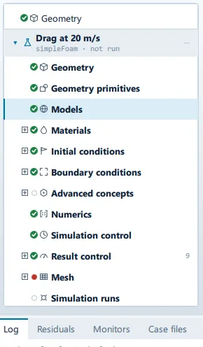 The hull example's setup tree. Geometry belongs to the case; everything below the simulation row belongs to that simulation. The setup tree: Geometry at case level, then the simulation row, then Geometry, Geometry primitives, Models, Materials, Initial conditions, Boundary conditions, Advanced concepts, Numerics, Simulation control, Result control, Mesh and Simulation runs.