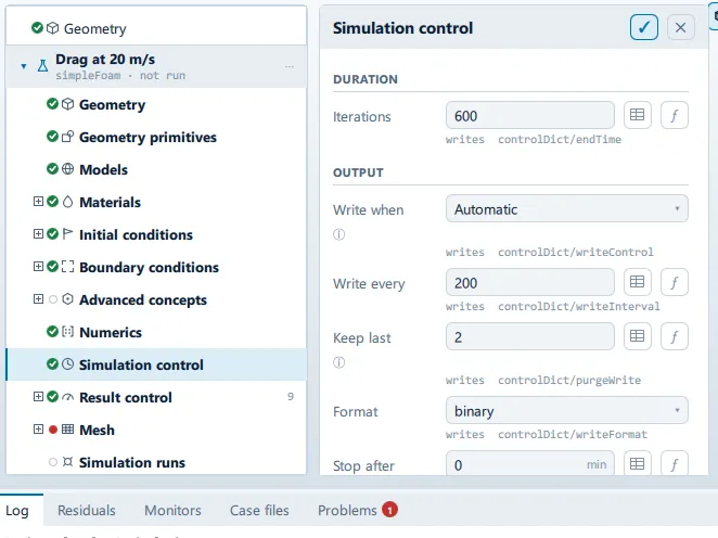 Simulation control The Simulation control panel open beside the setup tree, showing the Duration, Output, Parallel and Executor sections.