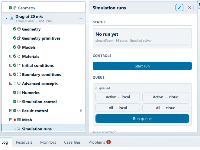 Simulation runs The Simulation runs panel open beside the setup tree, showing the Status, Controls, Queue, After the run, Result and Diagnostics sections.